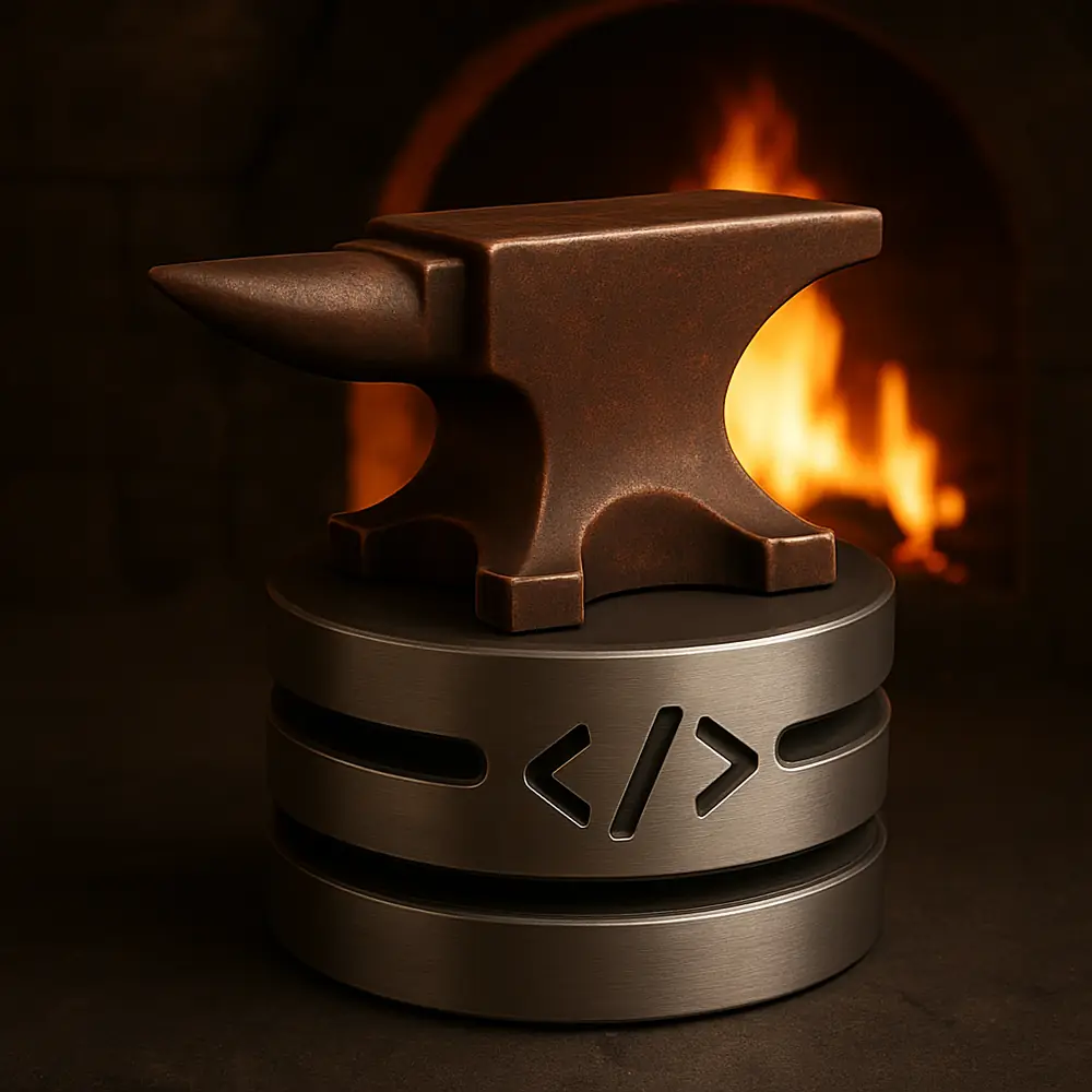 The StackForge anvil on a server stack, in front of a forge fire